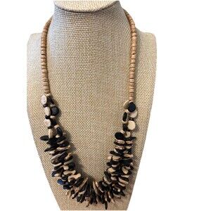 Wood Bead Necklace jagged pieces tribal African boho black tan natural 18”-20”